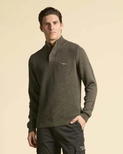 Maglia Aeronautica Militare color fango a coste inglesi con collo alto e apertura a bottoni