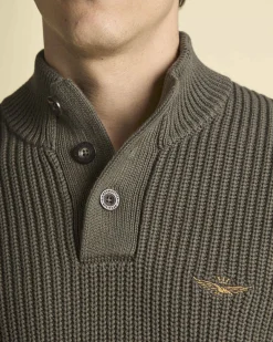 Maglia Aeronautica Militare color fango a coste inglesi con collo alto e apertura a bottoni