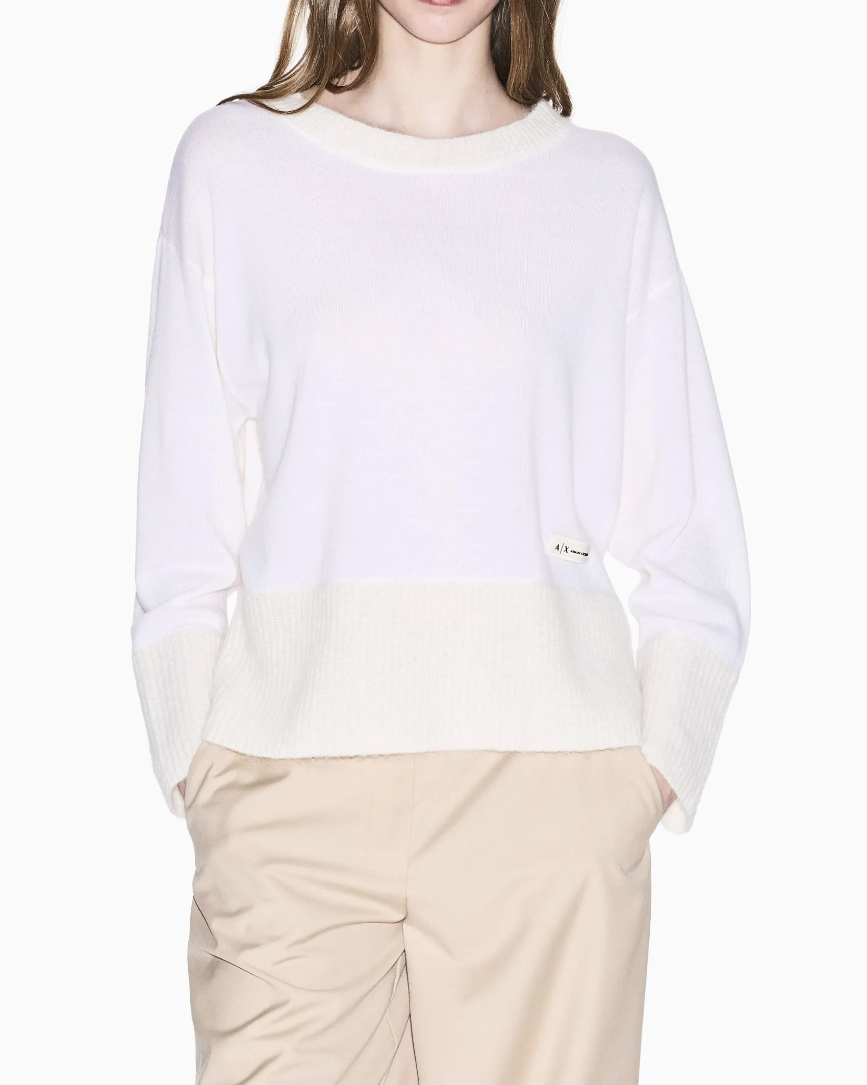 Maglia Armani Exchange bianca in lana vergine con dettagli in maglia a contrasto
