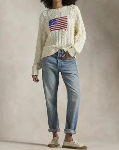 Maglia avorio in cotone a trecce con bandiera americana jacquard sul davanti