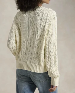 Maglia avorio in cotone a trecce con bandiera americana jacquard sul davanti