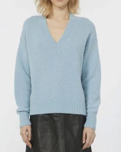 Maglia azzurra in bouclè di alpaca e cotone Weekend Max Mara con scollo a V