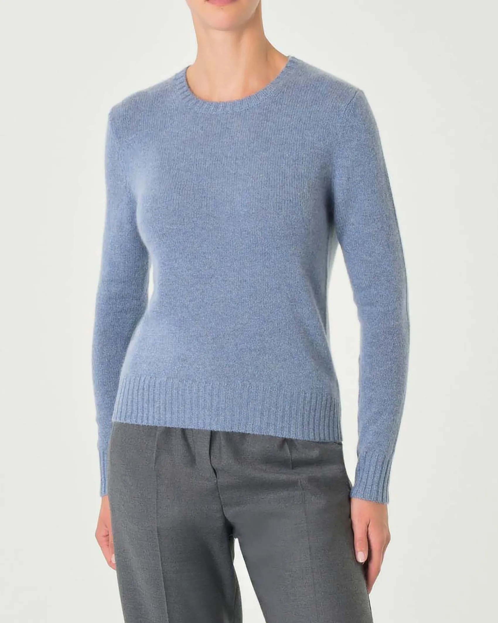 Maglia azzurro denim girocollo in puro cashmere