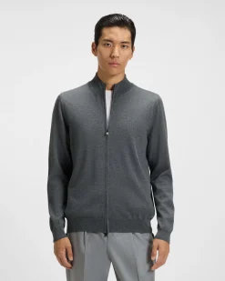 Maglia Balonso Boss grigia in pura lana merino con apertura zip
