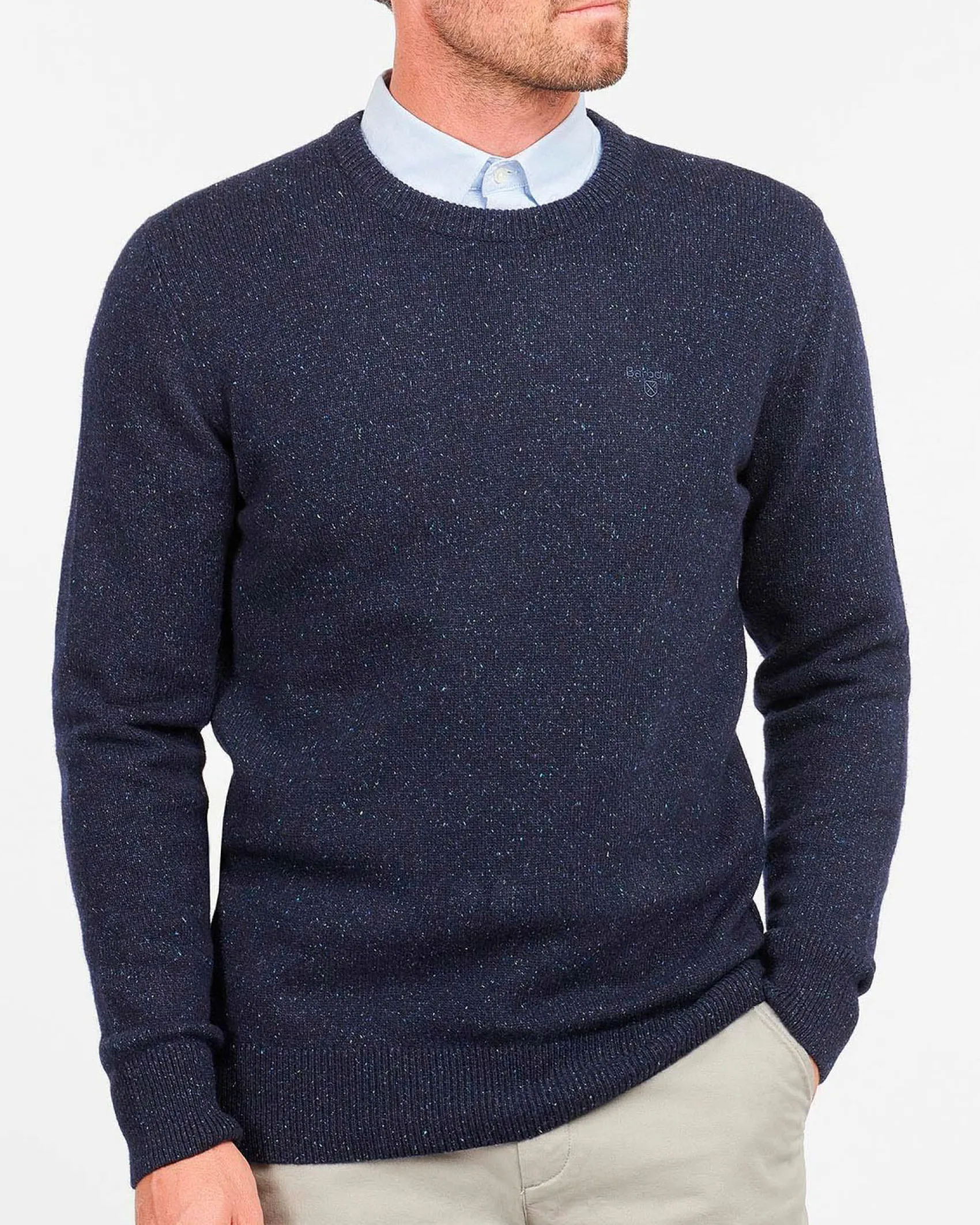 Maglia Barbour girocollo Tisbury blu in misto lana e seta effetto bottonato