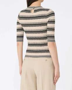 Maglia beige a righe blu in misto viscosa a coste Weekend Max Mara con maniche al gomito