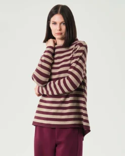 Maglia beige a righe bordeaux Jurerê in misto cotone con colletto a cratere