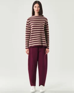 Maglia beige a righe bordeaux Jurerê in misto cotone con colletto a cratere