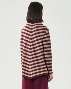 Maglia beige a righe bordeaux Jurerê in misto cotone con colletto a cratere