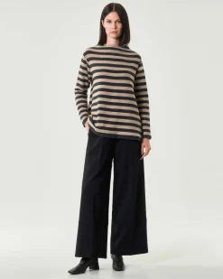 Maglia beige a righe grigio antracite Jurerê in misto cotone con colletto a cratere
