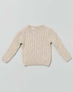 Maglia beige girocollo in pura lana a trecce