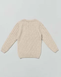 Maglia beige girocollo in pura lana con lavorazione a trecce