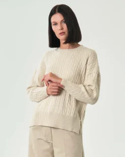 Maglia beige Hlo! in misto viscosa a trecce con spacchetti laterali al fondo