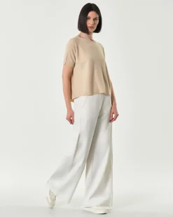 Maglia beige in misto viscosa a maniche corte con spacchetto sul fondo posteriore