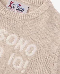 Maglia beige MC2 Saint Barth girocollo in misto lana e cashmere con scritta Non sono stato io!