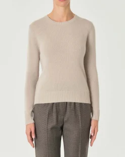 Maglia beige melange girocollo in puro cashmere