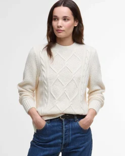 Maglia bianca Barbour Burne in lana e cotone con motivo a trecce fronte e retro e spacchetti laterali