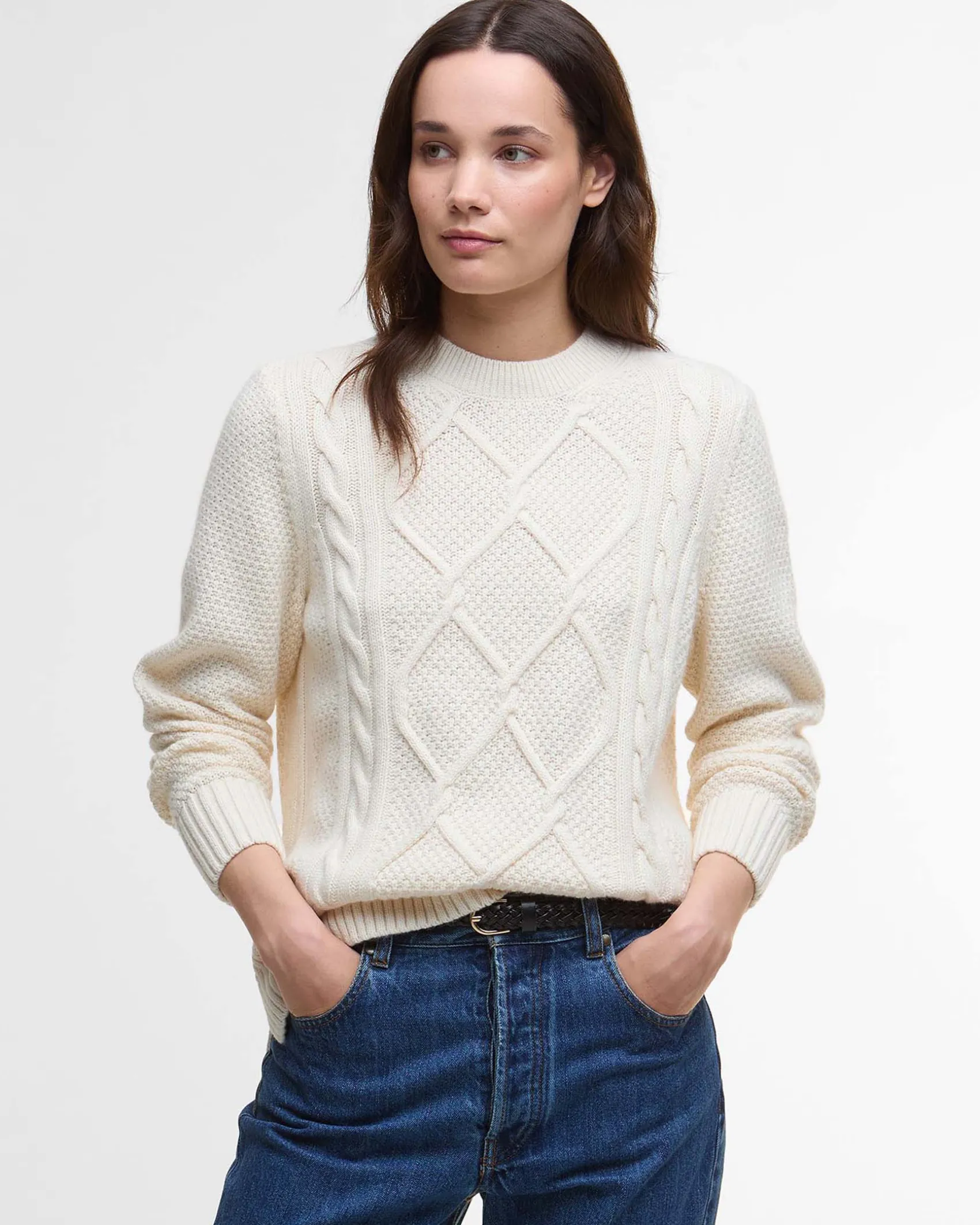 Maglia bianca Barbour Burne in lana e cotone con motivo a trecce fronte e retro e spacchetti laterali