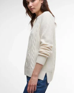 Maglia bianca Barbour Burne in lana e cotone con motivo a trecce fronte e retro e spacchetti laterali