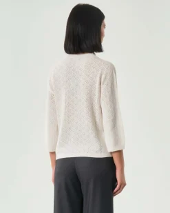 Maglia bianca Hlo! in misto viscosa traforata a motivo ventagli all over