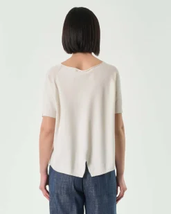 Maglia bianca in misto viscosa a maniche corte con spacchetto sul fondo posteriore