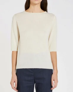 Maglia bianca Marella in cashmere a maniche corte con scollo con taglio a vivo
