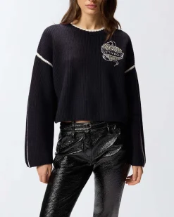 Maglia blu a coste Pinko in lana merino dalla linea cropped con cuore e logo ricamato sul petto