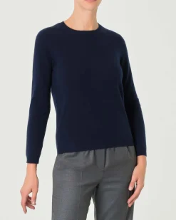 Maglia blu girocollo in cashmere con profili lavorati a costine
