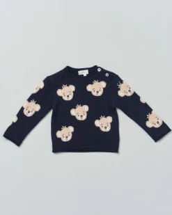 Maglia blu girocollo in lana con orsetti jacquard