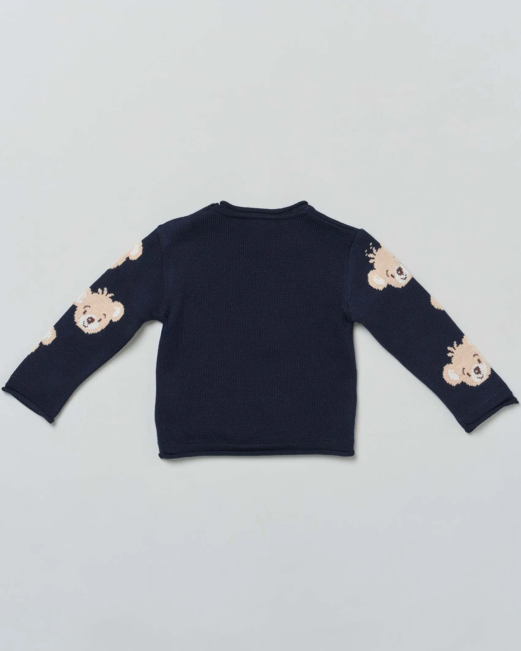 Maglia blu girocollo in lana con orsetti jacquard