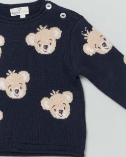 Maglia blu girocollo in lana con orsetti jacquard