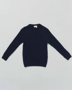 Maglia blu girocollo in pura lana merino con lavorazione a trecce
