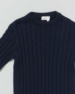 Maglia blu girocollo in pura lana merino con lavorazione a trecce