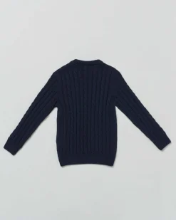 Maglia blu girocollo in pura lana merino con lavorazione a trecce
