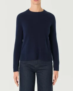 Maglia blu in cashmere con scollo tondo e spacchetti laterali