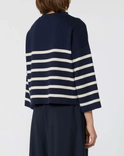 Maglia blu in cotone a righe bianche Weekend Max Mara con maniche al gomito