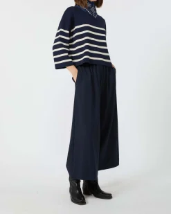 Maglia blu in cotone a righe bianche Weekend Max Mara con maniche al gomito