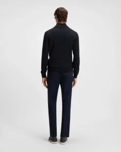 Maglia blu in pura lana vergine con pannello lavorato e chiusura zip a doppio cursore