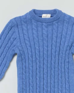 Maglia blu indaco girocollo in pura lana merino con lavorazione a trecce