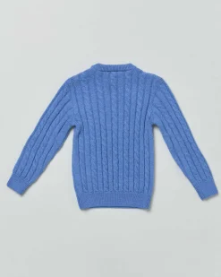 Maglia blu indaco girocollo in pura lana merino con lavorazione a trecce