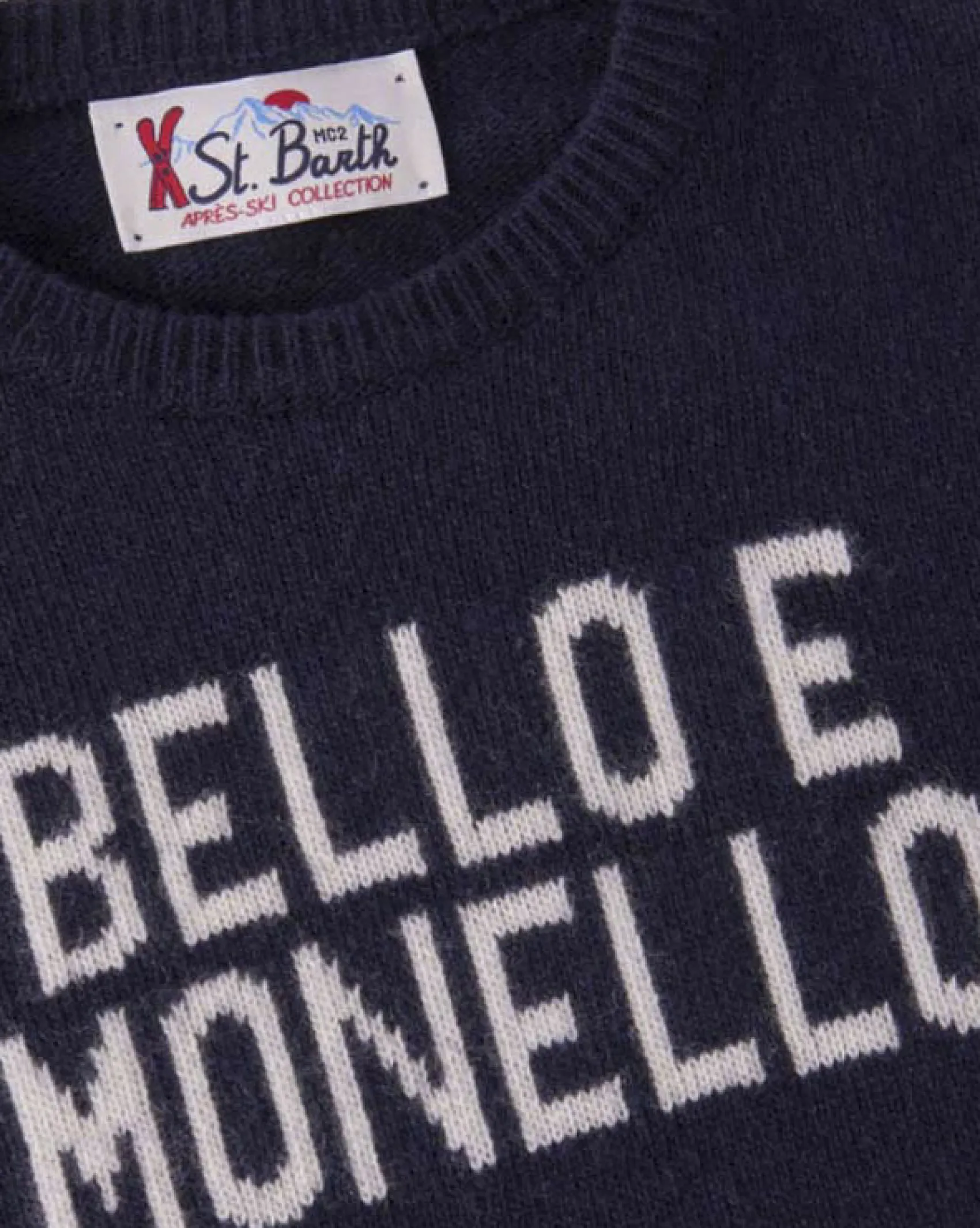 Maglia blu MC2 Saint Barth girocollo in misto lana e cashmere con scritta Bello e Monello