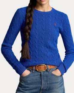Maglia blu royal girocollo in lana e cashmere a trecce con logo ricamato a contrasto di colore