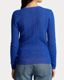 Maglia blu royal girocollo in lana e cashmere a trecce con logo ricamato a contrasto di colore