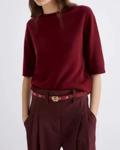 Maglia bordeaux Marella in cashmere a maniche corte con scollo con taglio a vivo