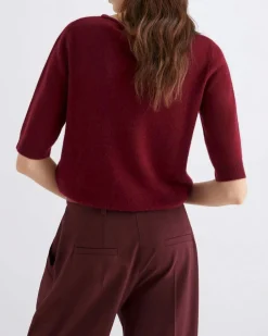 Maglia bordeaux Marella in cashmere a maniche corte con scollo con taglio a vivo