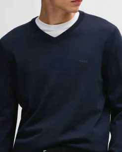 Maglia Boss blu con scollo a V in pura lana vergine