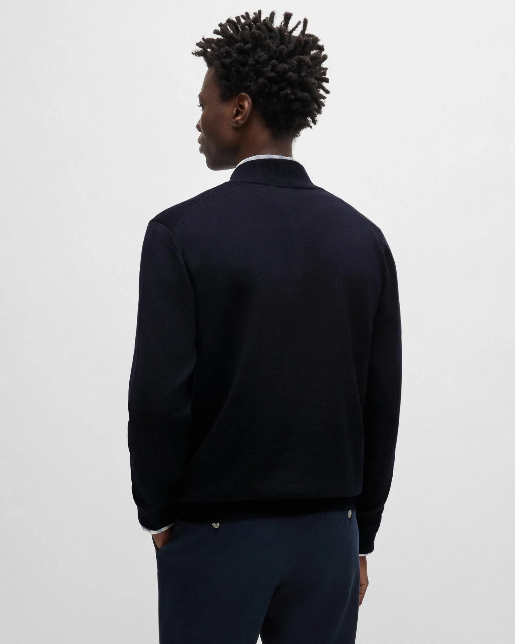 Maglia Boss blu in pura lana merinos con chiusura zip a doppio cursore