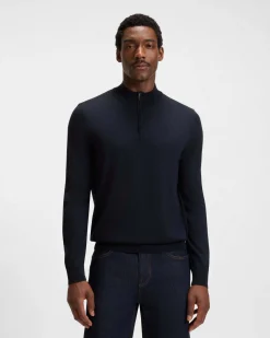 Maglia Boss blu in pura lana vergine con apertura a mezza zip
