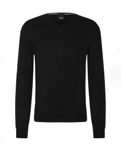 Maglia Boss nera con scollo a V in pura lana vergine