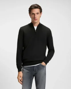 Maglia Boss nera in pura lana vergine con apertura a mezza zip